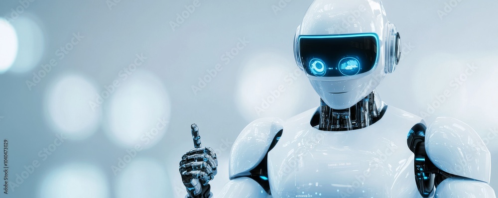 Poster futuristic robot with glowing eyes, showcasing advanced technology and artificial intelligence in a 