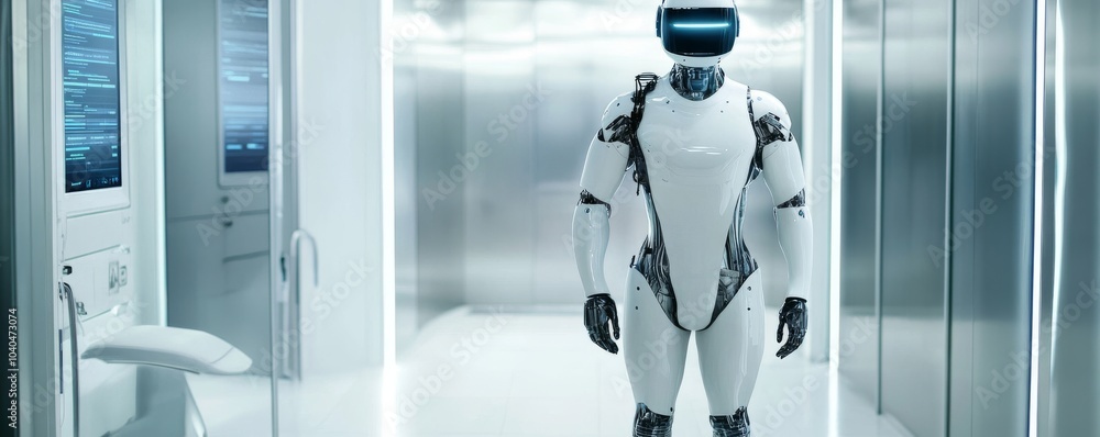 Poster futuristic robot standing in a sleek, modern environment with advanced technology and a minimalist d