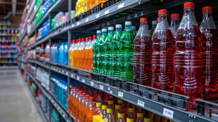 A vibrant array of colorful beverage bottles line the neatly organized shelves of a store aisle, showcasing an inviting display of popular drinks in plastic containers.