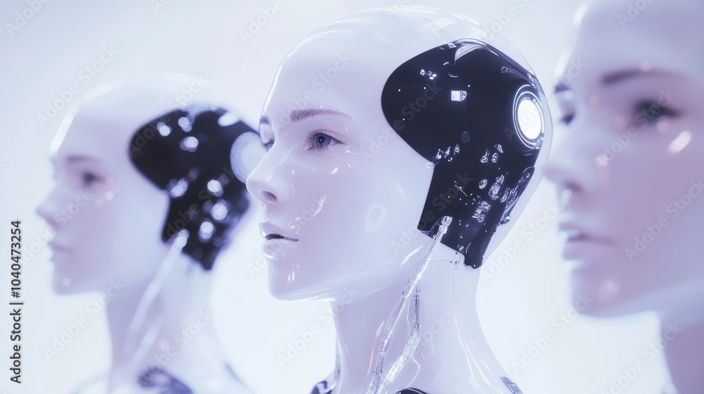 Poster futuristic robotic heads displaying advanced technology and sleek design. ideal for concepts of ai a