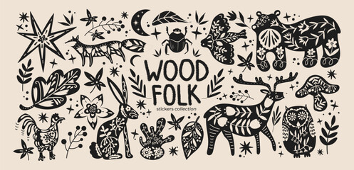 Abstract wood folk shapes with plants, animals, insects and forest elements. Ethnic folk stickers in scandinavian style. Boho animals silhouettes and floral patterns, doodle Scandinavian folk textile  © Limpreom