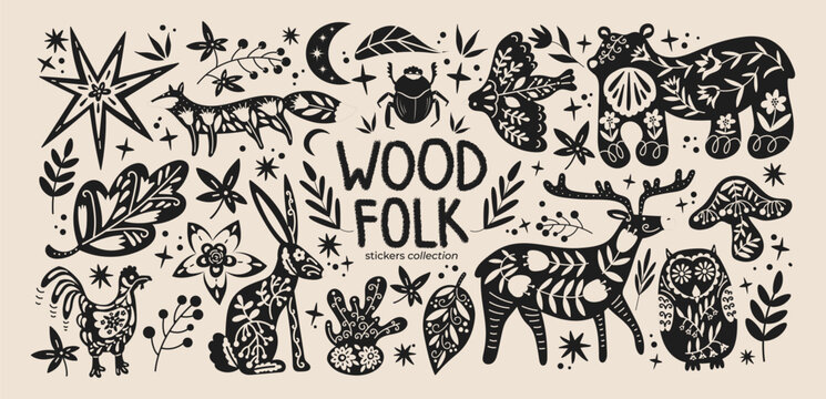 Fototapeta Abstract wood folk shapes with plants, animals, insects and forest elements. Ethnic folk stickers in scandinavian style. Boho animals silhouettes and floral patterns, doodle Scandinavian folk textile 