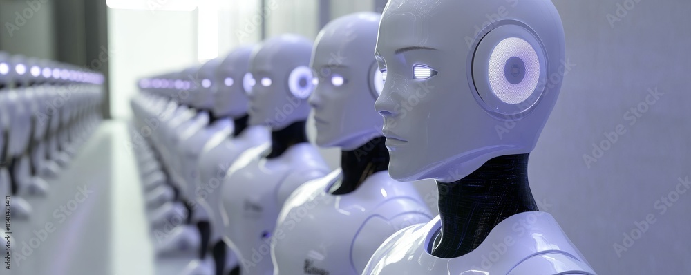 Poster futuristic robots with glowing features arranged in a modern, sleek environment, showcasing advanced