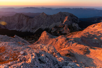 Mountains during sunrise in the Slovenian Alps Julian Alps