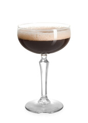 One glass of delicious espresso martini on white background