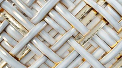 A sophisticated and intricate pattern featuring interwoven white and gold elements, creating a luxurious and modern aesthetic with shiny metallic reflections.