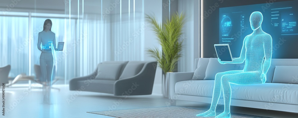 Poster futuristic workspace with a holographic display and a person interacting with technology in a modern