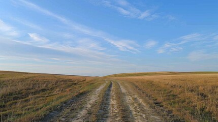 A dirt road weaves through vast golden fields under a stunning blue sky with wispy clouds, evoking a sense of tranquility, solitude, and endless possibilities.