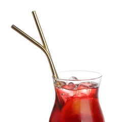 Glass of tasty refreshing drink and straws isolated on white