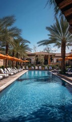 Fototapeta premium A pool with lounge chairs and palm trees.