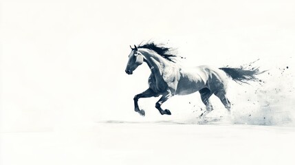A Running Horse Captured in a Dramatic Black and White Ink Painting