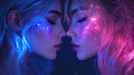 Obraz premium Gemini zodiac sign in modern style. Two beautiful girls with blue and purple hair, a double exposure effect, in a fantasy style world.