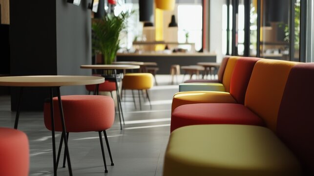 Modern cafe interior featuring colorful seating, stylish decor, and bright natural light for a vibrant atmosphere.
