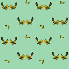 A seamless pattern featuring cute yellow-green birds and delicate leaves on a mint background. Ideal for children's textiles, wallpapers, or nature-inspired designs.