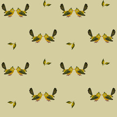 A seamless pattern featuring cute yellow-green birds and delicate leaves on a beige background