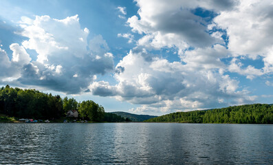 Vlasina lake beautiful summer scenery with beautiful clouds in the blue sky. Beautiful...
