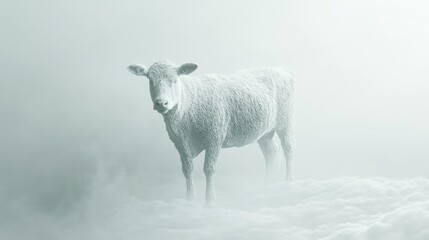 Naklejka premium A White Cow Standing on Clouds in a Foggy Landscape
