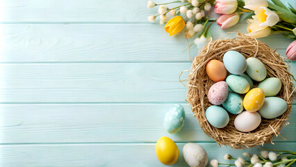 Obraz premium Colorful Easter eggs in nest with spring tulips on pastel blue wooden background, flat lay. Top view holiday layout.