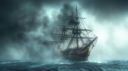 Obraz premium Ghost ship sailing through the stormy sea, with an eerie and mysterious atmosphere.