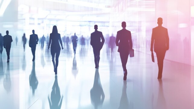 Silhouetted business people walking in a modern corporate environment, showcasing teamwork and professionalism in a dynamic setting.