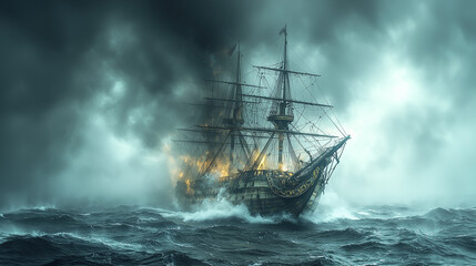 Obraz premium Ghost ship sailing through the stormy sea, with an eerie and mysterious atmosphere.