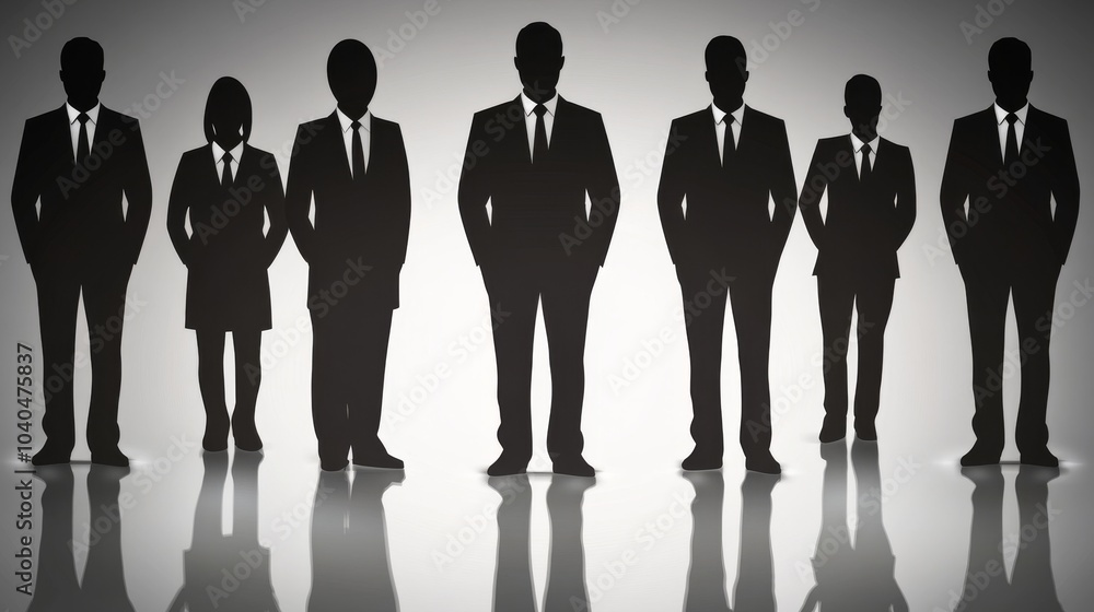 Poster silhouettes of business professionals in suits standing in a line, symbolizing unity and teamwork in