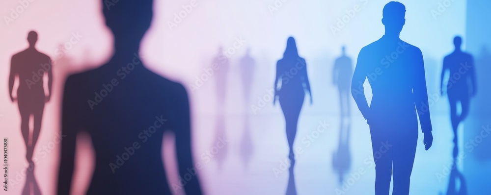 Poster silhouettes of diverse people walking in an abstract space, illuminated by vibrant colors, creating 