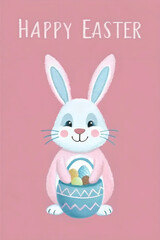 Cute smiling Easter bunny holding basket of colorful eggs. The Happy Easter illustration for greetings and decorations. 