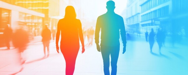 Silhouettes walking in a vibrant urban environment, showcasing motion and connection amid a colorful city background.