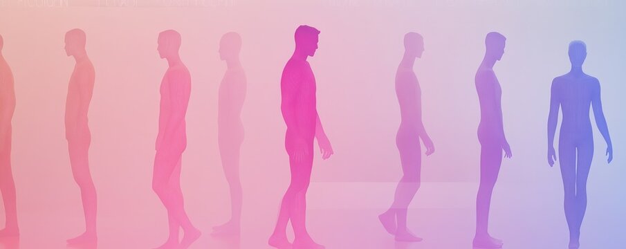 Silhouettes of walking individuals against a vibrant gradient background, representing movement and transformation in a modern style.