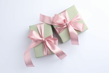 Beautiful gift boxes with pink bows isolated on white, top view