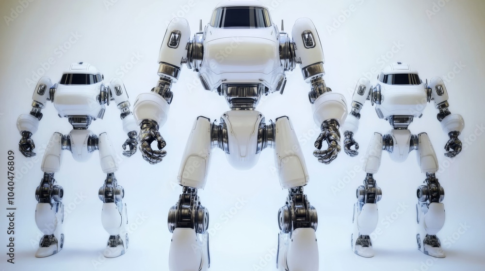 Poster three futuristic robots with a sleek design, showcasing advanced technology and innovation against a