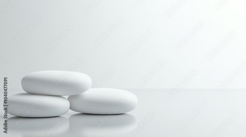 Poster three smooth white stones placed on a reflective surface, creating a calm and minimalist aesthetic s