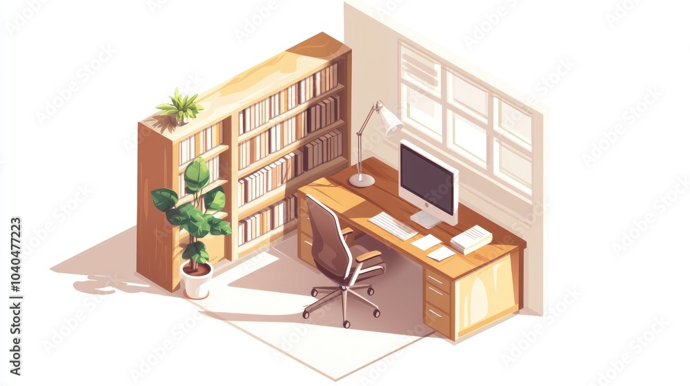 Poster isometric view of a home office with a desk, computer, and bookshelf
