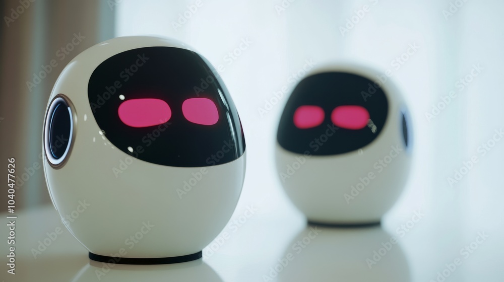 Poster two futuristic robotic devices with expressive eyes, showcasing advanced technology and design in a 