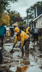 Muddy man shovels in flooded street.