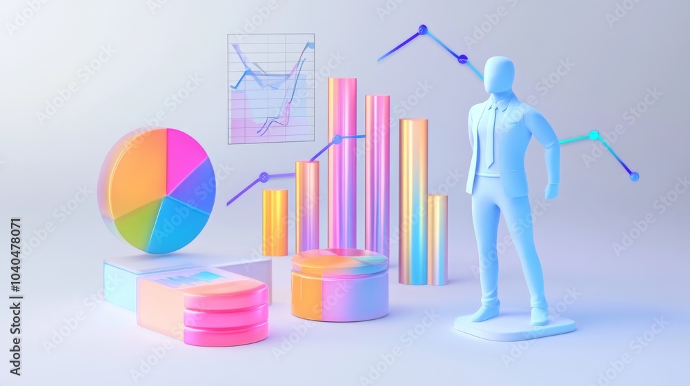 Poster vibrant 3d visualization of business analytics with colorful graphs, charts, and a figure representi