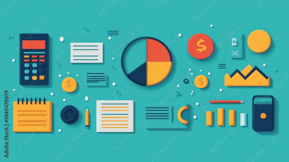 Poster financial and data visualization elements on teal background
