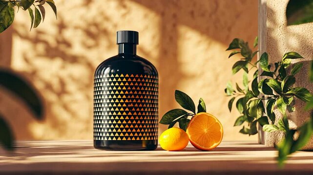 A black bottle with a gold triangle pattern sits on a wooden table next to two oranges and a green leaf
