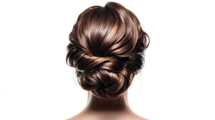 Fototapeta premium Elegant updo with loose strands framing the face, a timeless women's hairstyle for formal occasions, isolated on white