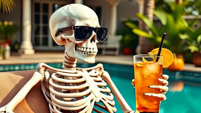 A Skeleton Chillaxing by the Pool While Sipping on a Colorful Drink, Just Relaxing and Having Fun
