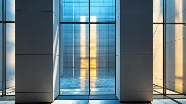 Modern architectural space with large windows creating light patterns on the floor footage