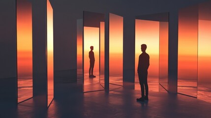 A captivating image of a person standing in front of a mirror that reflects their future selves in various scenarios