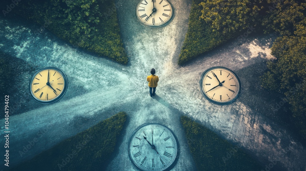 Poster a captivating scene of a person standing at the intersection of several paths, each path represented