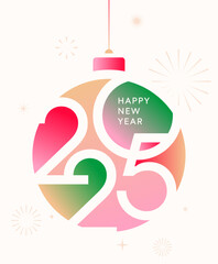 2025 New Year card with Christmas ball and fireworks