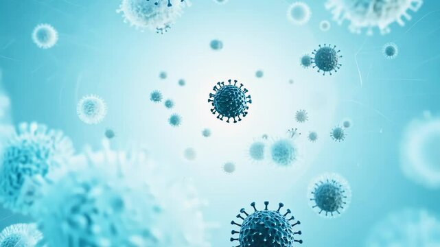 Virus particles surrounded by immune cells under high key lighting, showcasing an immune system response as the camera zooms in