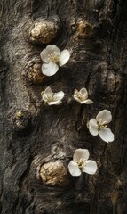 White blossoms on rough tree bark.
