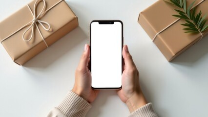 Person holding a smartphone above two wrapped gift boxes on a white surface, preparing for a special occasion or celebration. mocke up