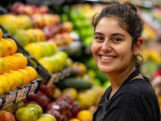 A smiling young grocery store employee with a positive demeanor posing in the produce section