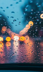 Raindrops on a window with city lights.